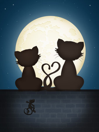 couple of cats on the wallの写真素材