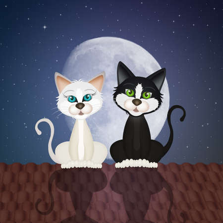 illustration of two cats on the roofの写真素材