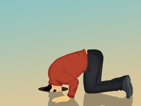 ostrich man with his head in the sand