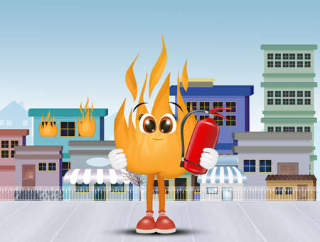 illustration of flame cartoon with extinguisherの写真素材