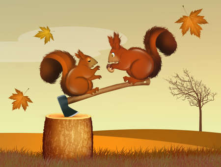 squirrels on trunkの写真素材