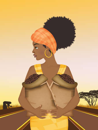illustration of African woman grows coffeeの写真素材