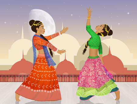 two women dancing the Bollywood Indian danceの写真素材