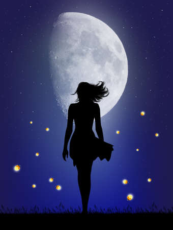 woman walks in the moonlight with firefliesの写真素材