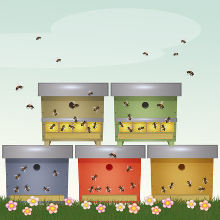 illustration of bee colonies in beehives