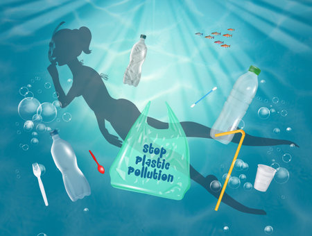 girl swims in a polluted sea