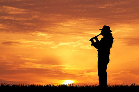 Peruvian man at sunsetの写真素材