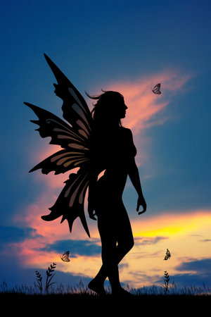 illustration of fairy at sunsetの写真素材