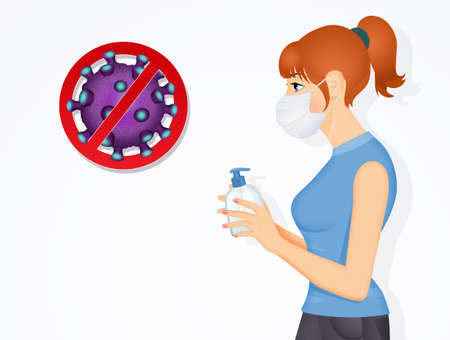 girl with sanitizing gel and surgical maskの写真素材