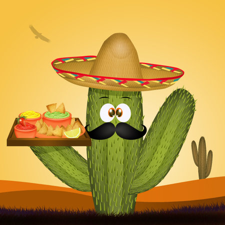 funny illustration of cactus with tortilla chips nachos and guacamole sauceの写真素材