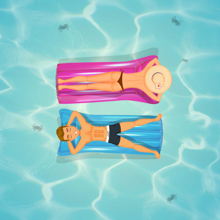 illustration of people on inflatable mattress in the sea