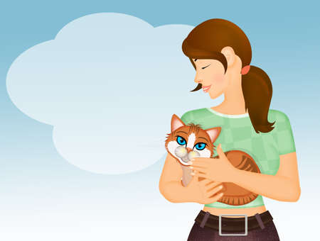 girl takes care of the catの写真素材