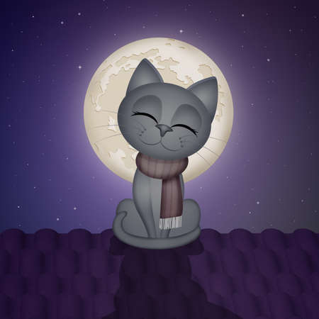 illustration of kitten on roof in the moonlightの写真素材