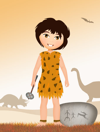 illustration of the child with primitive man costume