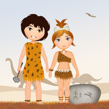 illustration of the boy and girl with primitive man costumeの写真素材