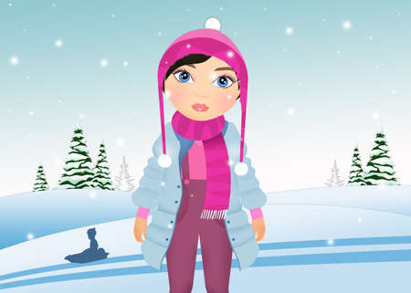illustration of little girl in winter under the snowの写真素材