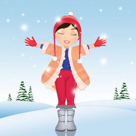 illustration of little girl in winter under the snowの写真素材