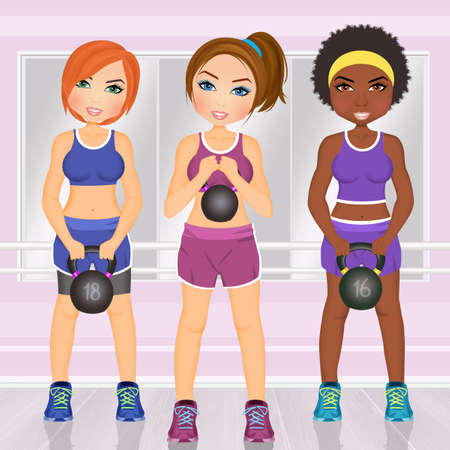 illustration of girls with kettlebell in the gymの写真素材