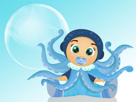 funny illustration of Baby with octopus costumeの写真素材