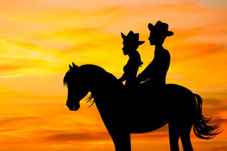 illustration of couple riding together at sunsetの写真素材