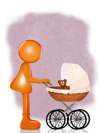illustration of stylized little woman with stroller