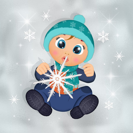 illustration of baby lying in the snow in winterの写真素材