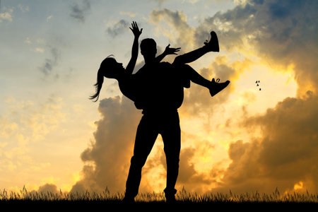 illustration of happy couple silhouette at sunsetの写真素材