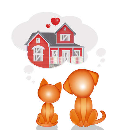 illustration of stylized dog and cat at homeの写真素材