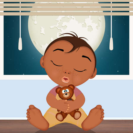 illustration of black baby with teddy bearの写真素材
