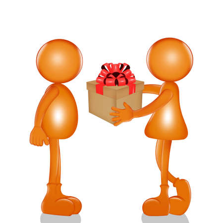 illustration of stylized little woman gives gift to manの写真素材