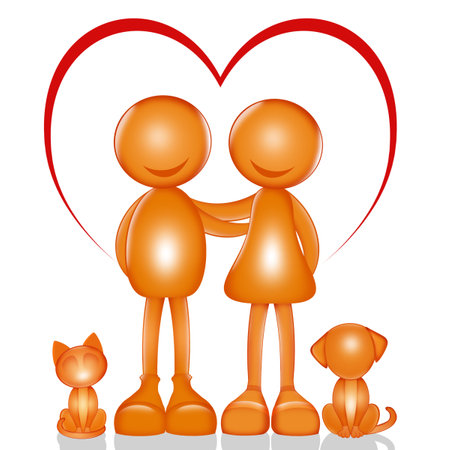 stylized illustration of man and woman with puppyの写真素材