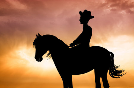 illustration of man on horse at sunsetの写真素材