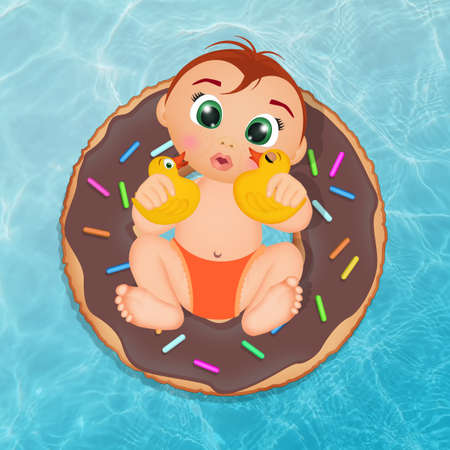 illustration of child on inflatable mattress in the shape of a donutの写真素材