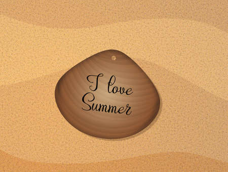 written i love summer on shell on the beachの写真素材
