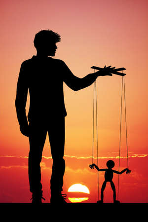illustration of a puppeteer man at sunsetの写真素材