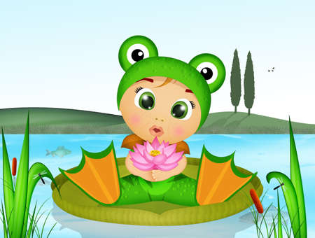 child with frog costume on the water lilyの写真素材