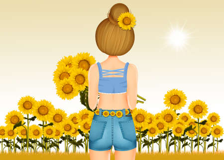 blond girl in the sunflower fieldの写真素材