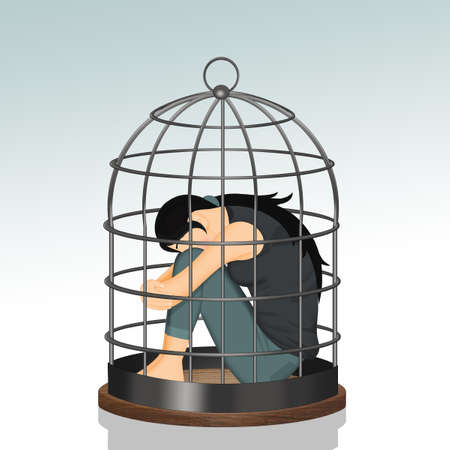 the depressed and lonely girl in the cageの写真素材