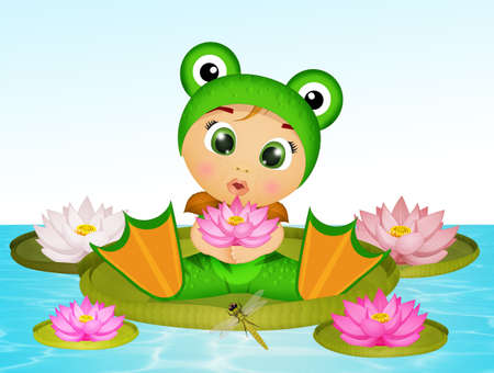 baby frog among the water liliesの写真素材