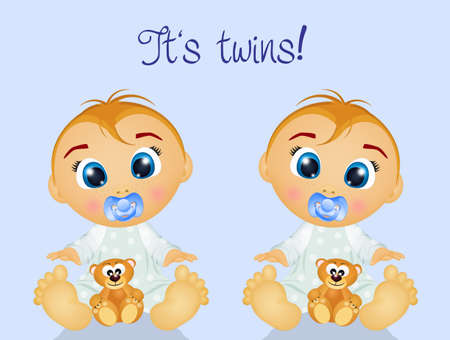 illustration of twins brothers with teddy bearの写真素材