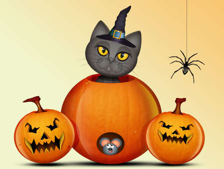illustration of cat and little mouse in Halloween pumpkinの写真素材