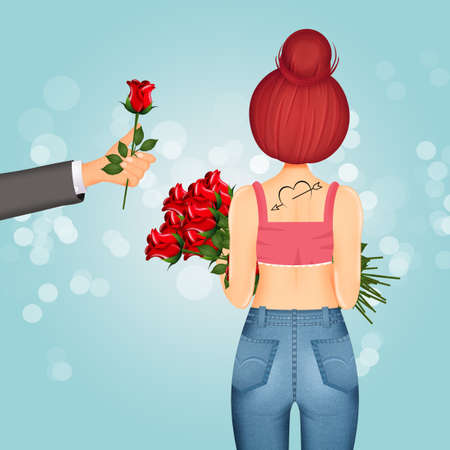 man gives red roses to womanの写真素材