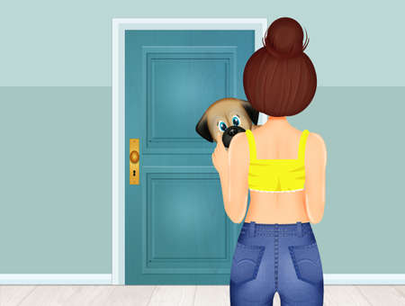 girl adopts the little dogの写真素材