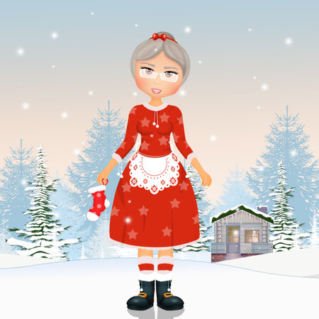 illustration of Santa Claus wife with Christmas sockの写真素材