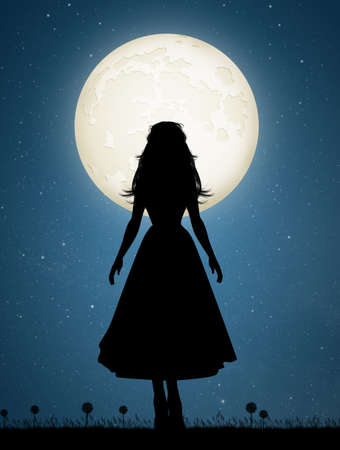 The silhouette of woman in the moonlighttの写真素材