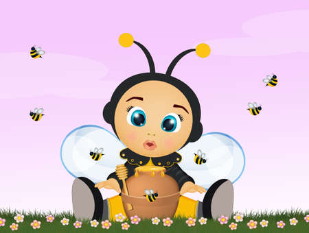 Baby with bee costume with honeyの写真素材
