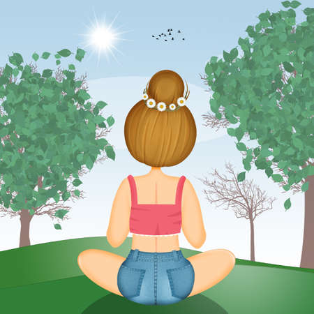 girl looks at the landscape in summerの写真素材