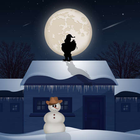 silhouette of Santa Claus on the roof in the moonlightの写真素材
