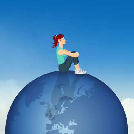 girl sitting on the worldの写真素材