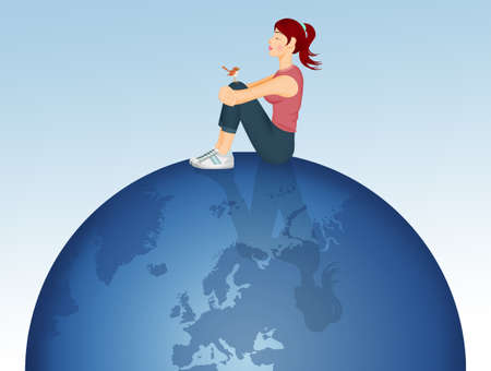 illustration of girl sitting on the worldの写真素材